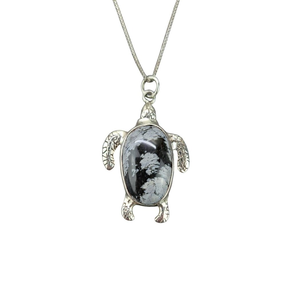 Vintage Turtle Pendant Necklace Snowflake Obsidian Stone Chain Sterling Silver